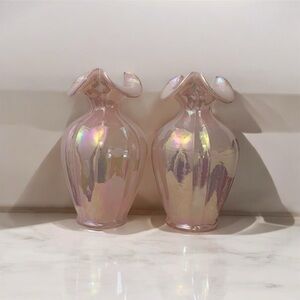 Vintage Pair of Iridescent Opalescent Ballet Pink Ruffled Vases
